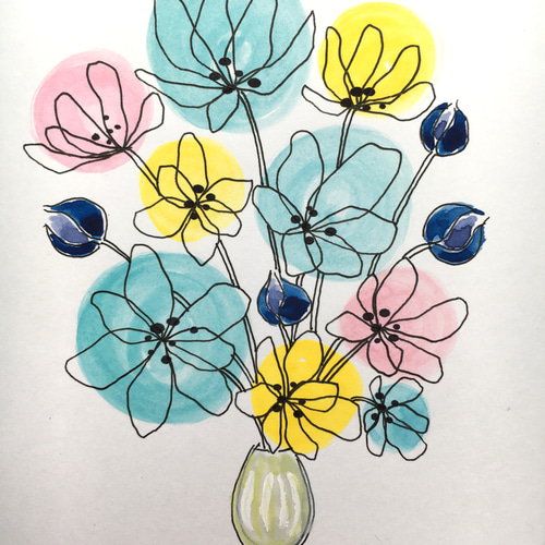 花束(イラスト原画) 透明水彩画原画夏の花束ひまわり 🌻透明水彩画