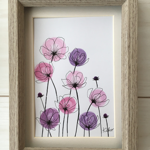 イラスト原画【額縁付き】風に揺れる花たち 絵画 KIKO 通販