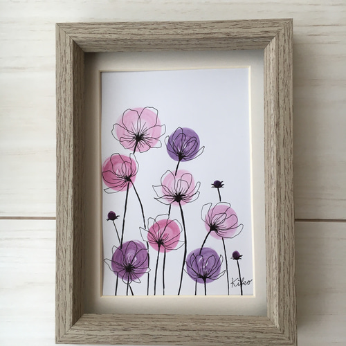 絵画　アクリル絵　額縁　原画　花 イラスト原画【額縁付き】風に揺れる花たち 絵画 KIKO 通販