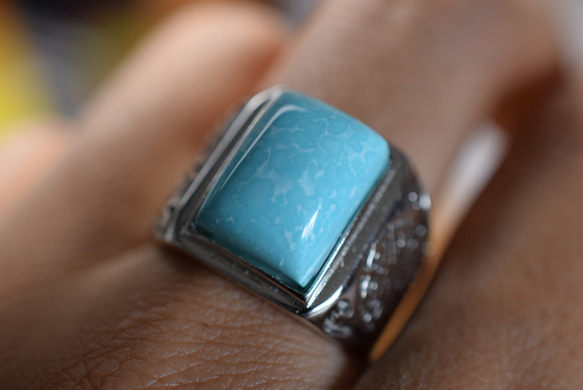 51 上品 天然 トルコ石 メンズ リング 四角 長方形 薄緑青 ターコイズ 指輪 メンズ 母の日 誕生日 フリーサイズ 8枚目の画像