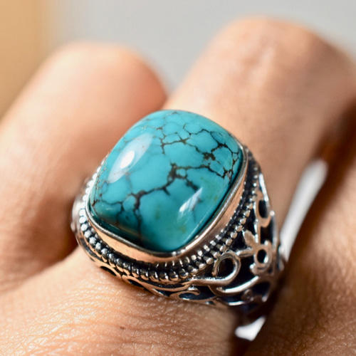 84 上品 天然 トルコ石 メンズ リング 四角 長方形 青