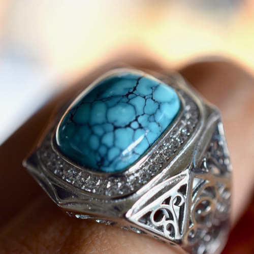 95 高級品 天然 トルコ石 メンズ リング 四角 長方形 青 ターコイズ  