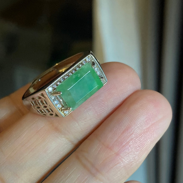A54 特売 シルバー 天然 緑 翡翠 リング 指輪 メンズ フリーサイズ 息子 彼氏 プレゼント 5枚目の画像