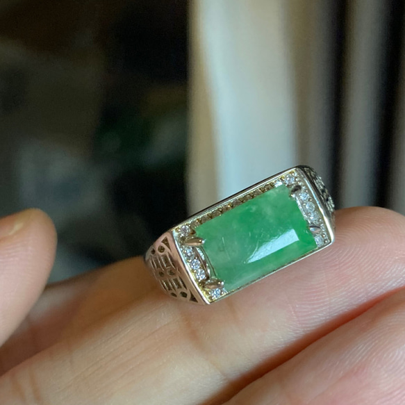 A54 特売 シルバー 天然 緑 翡翠 リング 指輪 メンズ フリーサイズ 息子 彼氏 プレゼント 8枚目の画像
