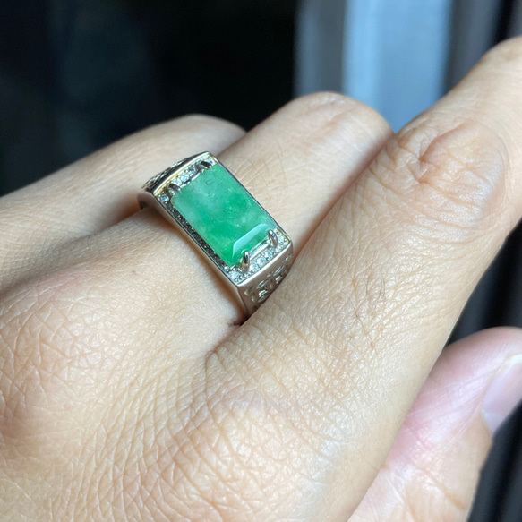 A54 特売 シルバー 天然 緑 翡翠 リング 指輪 メンズ フリーサイズ 息子 彼氏 プレゼント 9枚目の画像