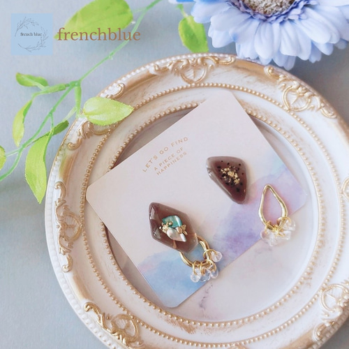 2wayウォルナットのアシンメトリーピアス／イヤリング ゴールドしずく 
