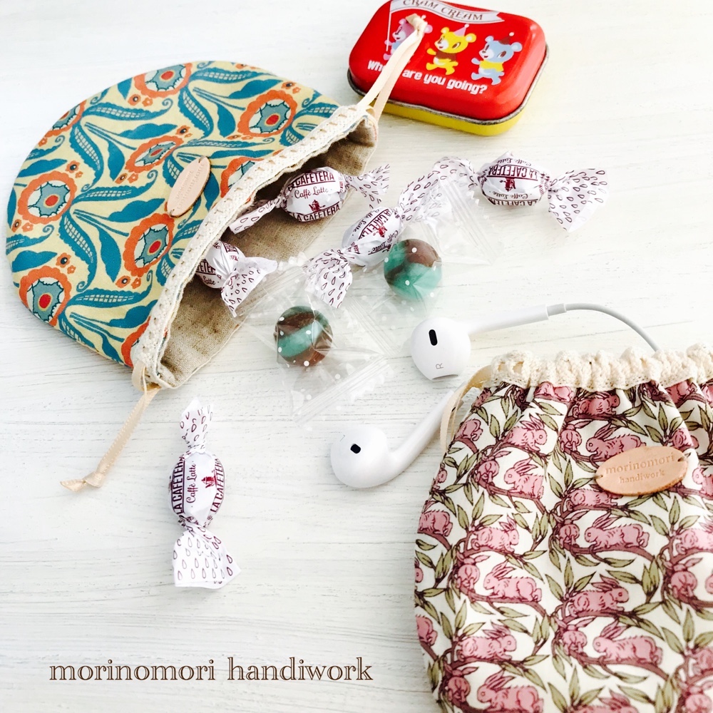 handmade】巾着袋S 口フリル リバティ （リバティで作る裏地付き