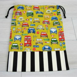 17-5◆送料無料♪◆巾着袋＊４０×３０cm◆体操服袋＊お着替え袋◆レトロクラシックカー＊車＊バス◆モノトーンストライプ 3枚目の画像