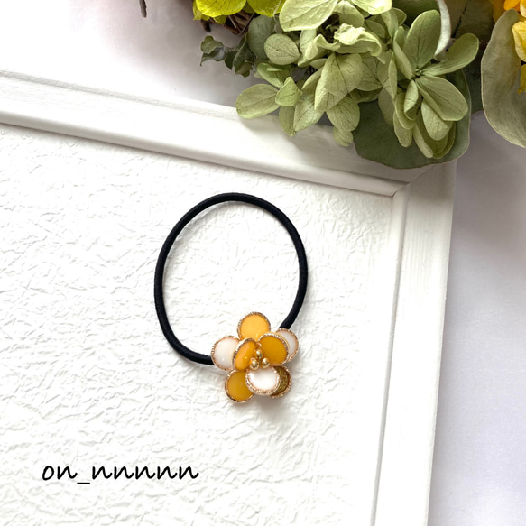 春色 ミモザ yellow×white 立体flower お花 ヘアアクセサリー ヘアゴム
