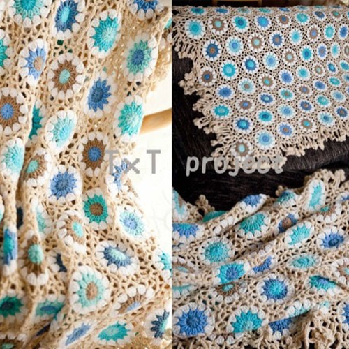 ハンドメイドかぎ針編み お花 モチーフ ひざ掛け❁ ギリシャブルー