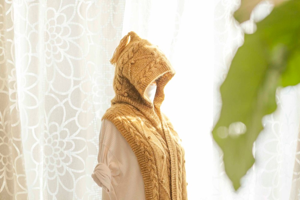 フード付きマフラー・スヌー★ウール+モヘヤ★マスタード色★冬・あたたかい・手編み＊クリスマスプレゼントXmas