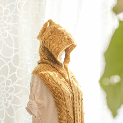 Stone  【美品】フード付きニット M フード付きマフラー・スヌー☆ウール+モヘヤ☆マスタード色☆冬