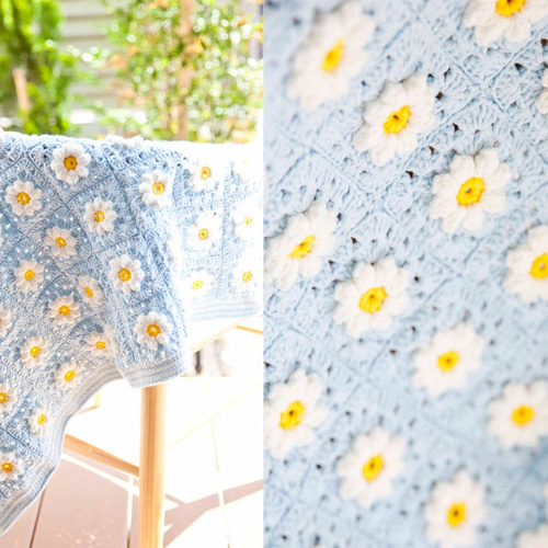 ハンドメイド　手編み　お花のベッドカバー　イエロー　モチーフ500枚 ハンドメイドかぎ針編み お花 モチーフ編み❁花爛漫 ❁手作り