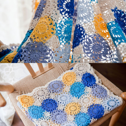 ハンドメイドかぎ針編み お花 モチーフ ひざ掛け❁ 美しく青きドナウ ❁手作り/編み物/鍵編み ソファーカバー 5枚目の画像