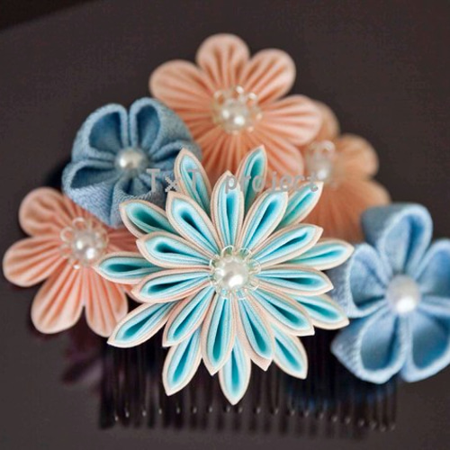 つまみ細工〉かんざし簪/櫛髪飾り/梅/桜 水色☆日本髪和装花火卒業式