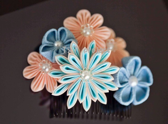 つまみ細工〉かんざし簪/櫛髪飾り/梅/桜 水色☆日本髪和装花火卒業式
