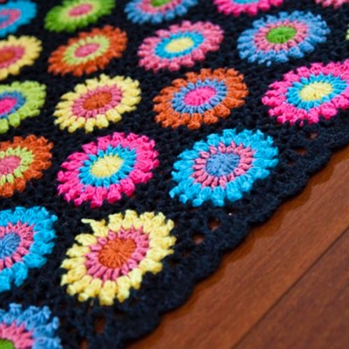 ハンドメイドかぎ針編み お花 モチーフ編み ひざ掛け❁ 夜空❁手作り