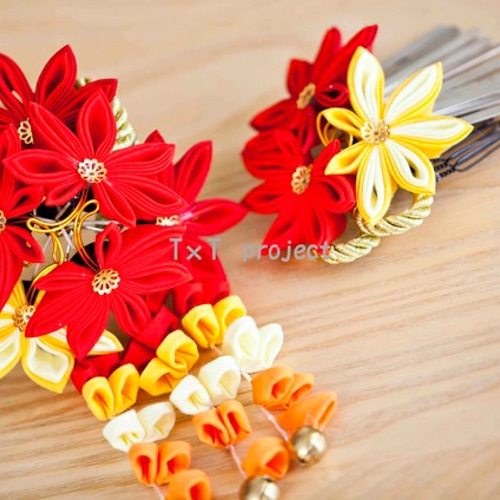 つまみ細工❁かんざし・櫛髪飾り 秋色・紅葉/もみじ2点セット