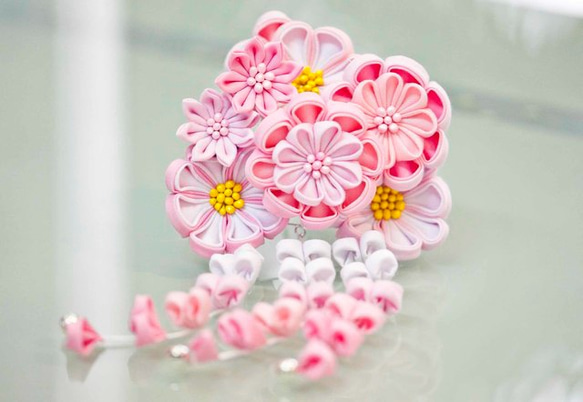 つまみ細工〉かんざし簪/櫛髪飾り/梅/桜 ピンク☆日本髪和装花火
