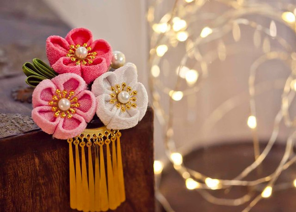 つまみ細工〉お花クリップ☆ピンク・白☆日本髪和装花火卒業式結婚式
