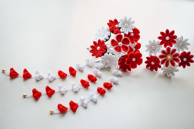 つまみ細工❁かんざし簪 髪飾り 紅白 菊/桜 剣花２点セット★日本髪和装花火卒業式結婚式七五三浴衣着物振袖成人式前撮り
