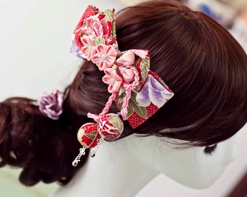 つまみ細工〉かんざし簪/櫛髪飾り☆丸丸リボン・ピンク☆日本髪