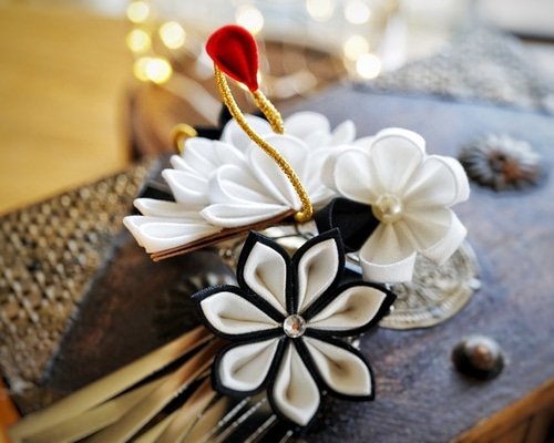 オーダー受付中★つまみ細工 髪飾り ヘアクリップ 記念写真用に つまみ細工〉髪飾り☆鶴クリップ☆日本髪和装花火卒業式結婚式七五三