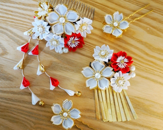 つまみ細工 クリップ+かんざし❁ゴールド金赤白/桜❁髪飾り4点セット★日本髪和装花火卒業式結婚式七五三浴衣着物振袖成人式