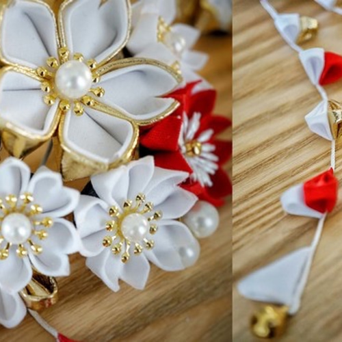 つまみ細工 クリップ+かんざし❁ゴールド金赤白/桜❁髪飾り4点