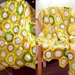 ハンドメイドかぎ針編み お花 モチーフ編み ひざ掛け❁ 黄/緑❁手作り/編み物/鍵編み　かぎ針編み ソファーカバー 5枚目の画像