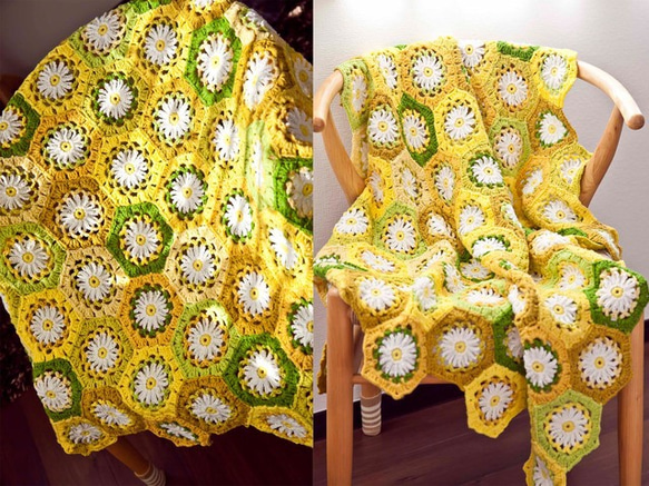 ハンドメイドかぎ針編み お花 モチーフ編み ひざ掛け❁ 黄/緑❁手作り/編み物/鍵編み　かぎ針編み ソファーカバー 5枚目の画像