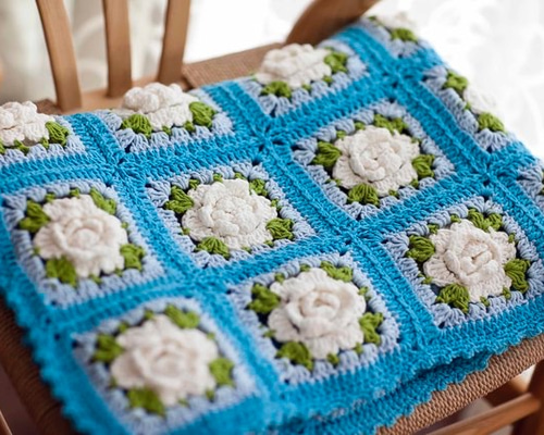 薔薇モチーフ 手編み ひざ掛け ブランケット ブルー 水色 ウール 0aedb29067a19c862f821cc73a83e8