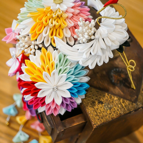 Big＜つまみ細工＞かんざし簪/櫛髪飾り❁レインボー・鶴/剣花