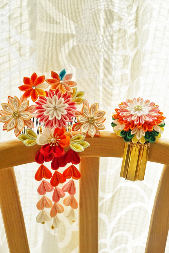 つまみ細工〉かんざし簪/櫛髪飾り/剣花 2点セット☆ピンク☆本髪和装