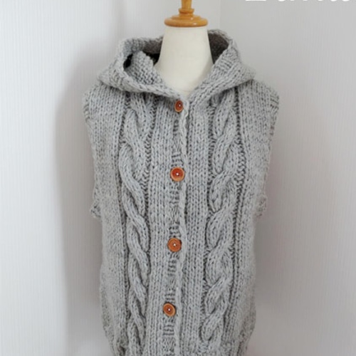 ニット/セーター手編みフード付手編みのケーブル編みウールベスト
