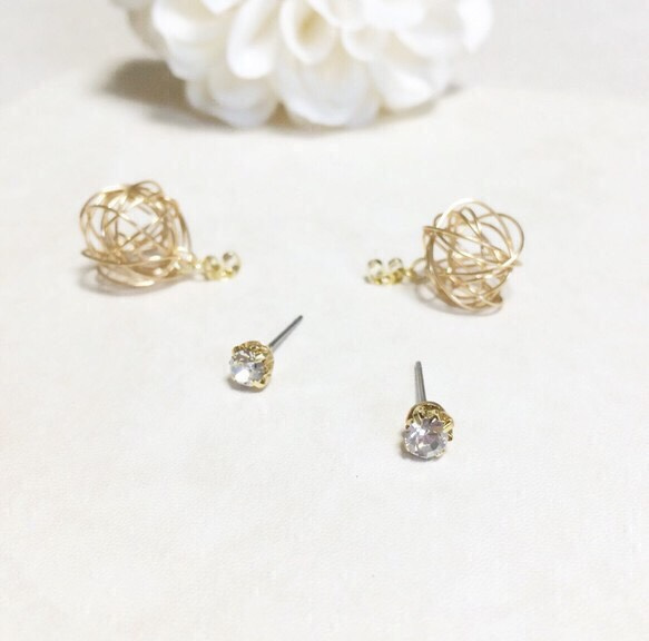 *一粒クリスタル ♡ wire ball pierce*  【GOLD】 4枚目の画像