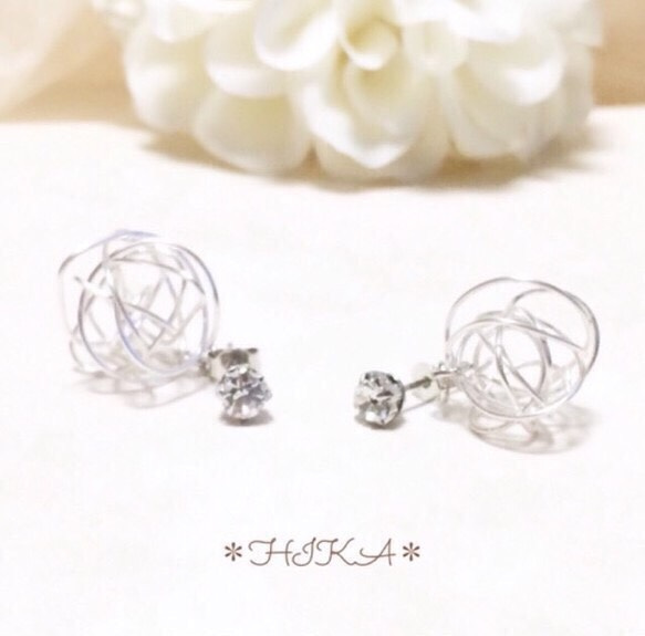 *一粒クリスタル ♡ wire ball pierce*  【silver】 3枚目の画像