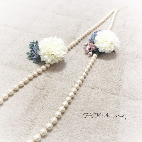 *cottonpearl necklace × flower corsage* 【White】 2枚目の画像