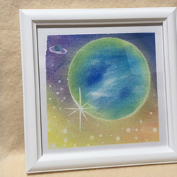 『宇宙』 地球 土星 輝き パステル画 額付き 1枚目の画像