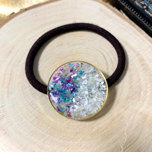 シェルのヘアゴム 寒色ミックスと白のバイカラー レジン