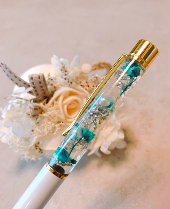 ボールペン ハーバリウム かすみ草 2本 セット 水色 白 オレンジ 夏