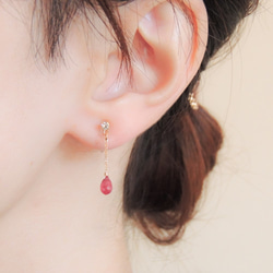 【耳環】深粉色紅寶石短鏈無孔穿孔耳環 第2張的照片