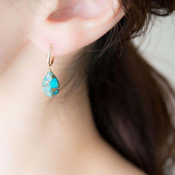 2way / 14kgf /藍色銅綠松石迷你圈式耳環 第1張的照片