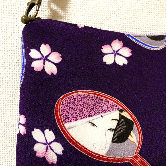 ミニバッグ ポーチ 和柄 手鏡と桜 2枚目の画像