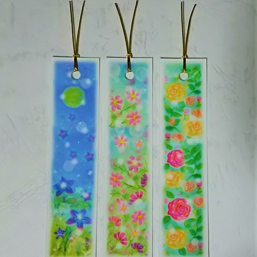 秋の花の栞(しおり) 3種のパステルアートのブックマーク 桔梗