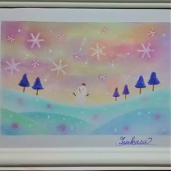 冬のパステルアート　雪だるまと彩りの雪の丘 2枚目の画像