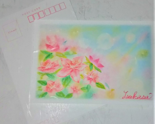 ツツジの花絵葉書 和紙ポストカード3枚セット パステルアート