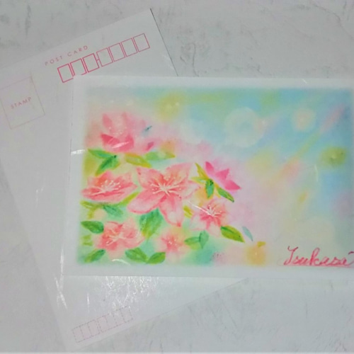 ツツジの花絵葉書 和紙ポストカード3枚セット パステルアート