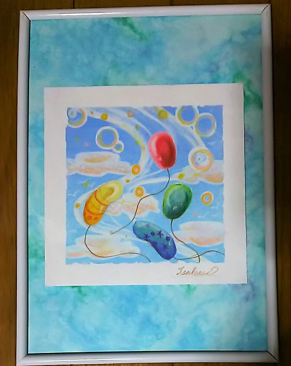 パステルアート　青空とシャボン玉と風船　パステル画原画 1枚目の画像