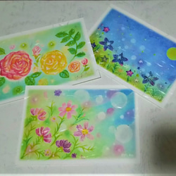 秋の花３種の絵葉書　バラ･キキョウ･コスモス　パステルアートのポストカード 1枚目の画像